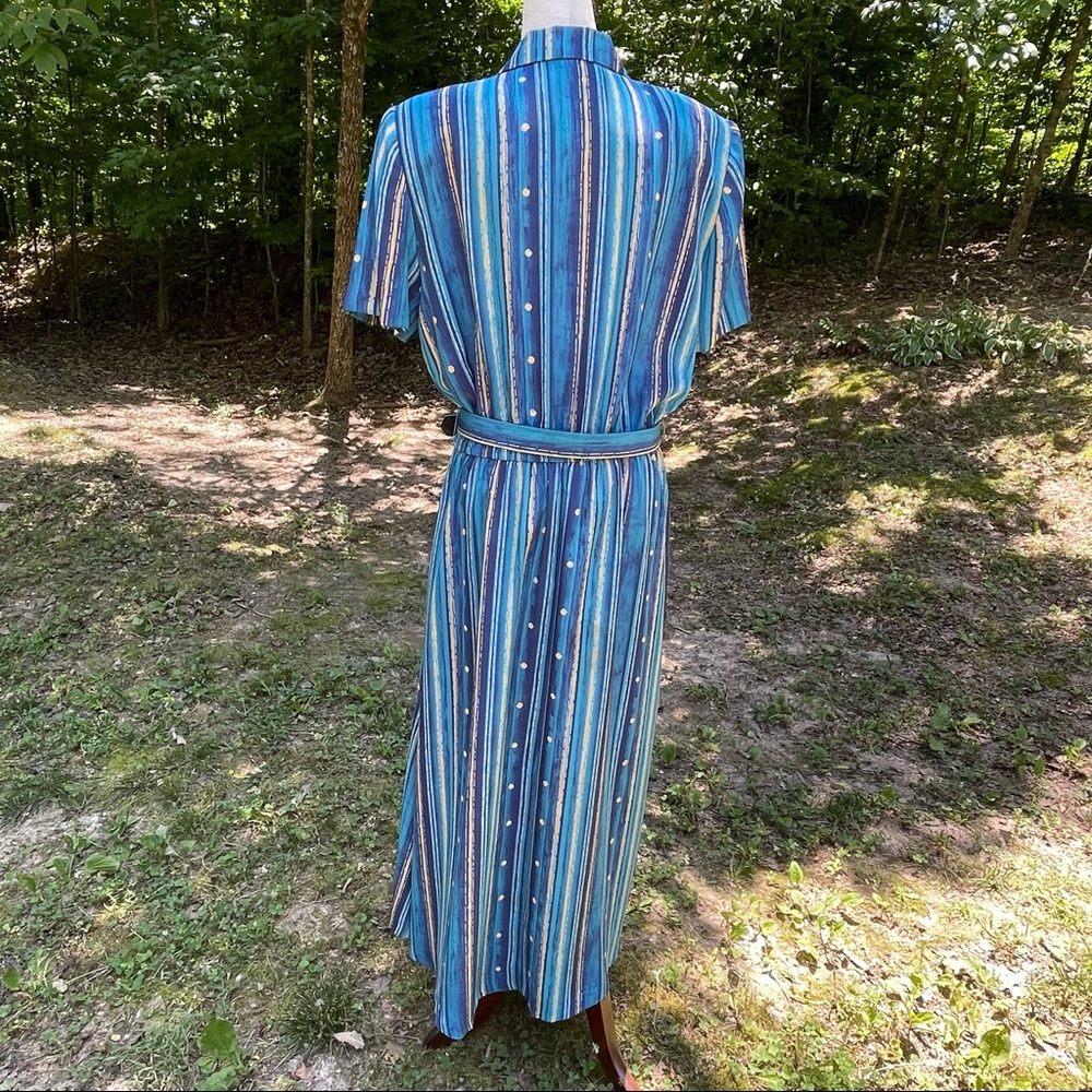 Leslie Fay Vintage 1980s Short-sleeve Belted Blue Striped Secretary Dress 14 - Picture 4 of 8